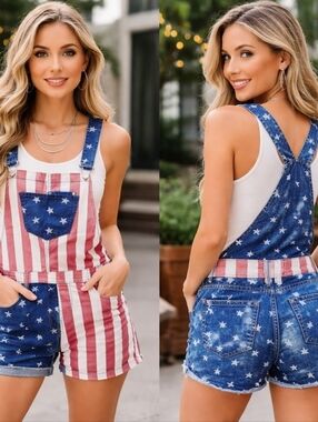 American Rag Flag Print Denim Short Overalls | Size 13 | Patriotic Festival Summ